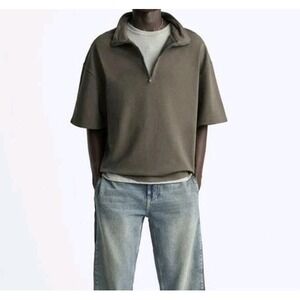 Zara Men's Short Sleeve Sweatshirt With Quarter Zipper Gray Size L NWOT